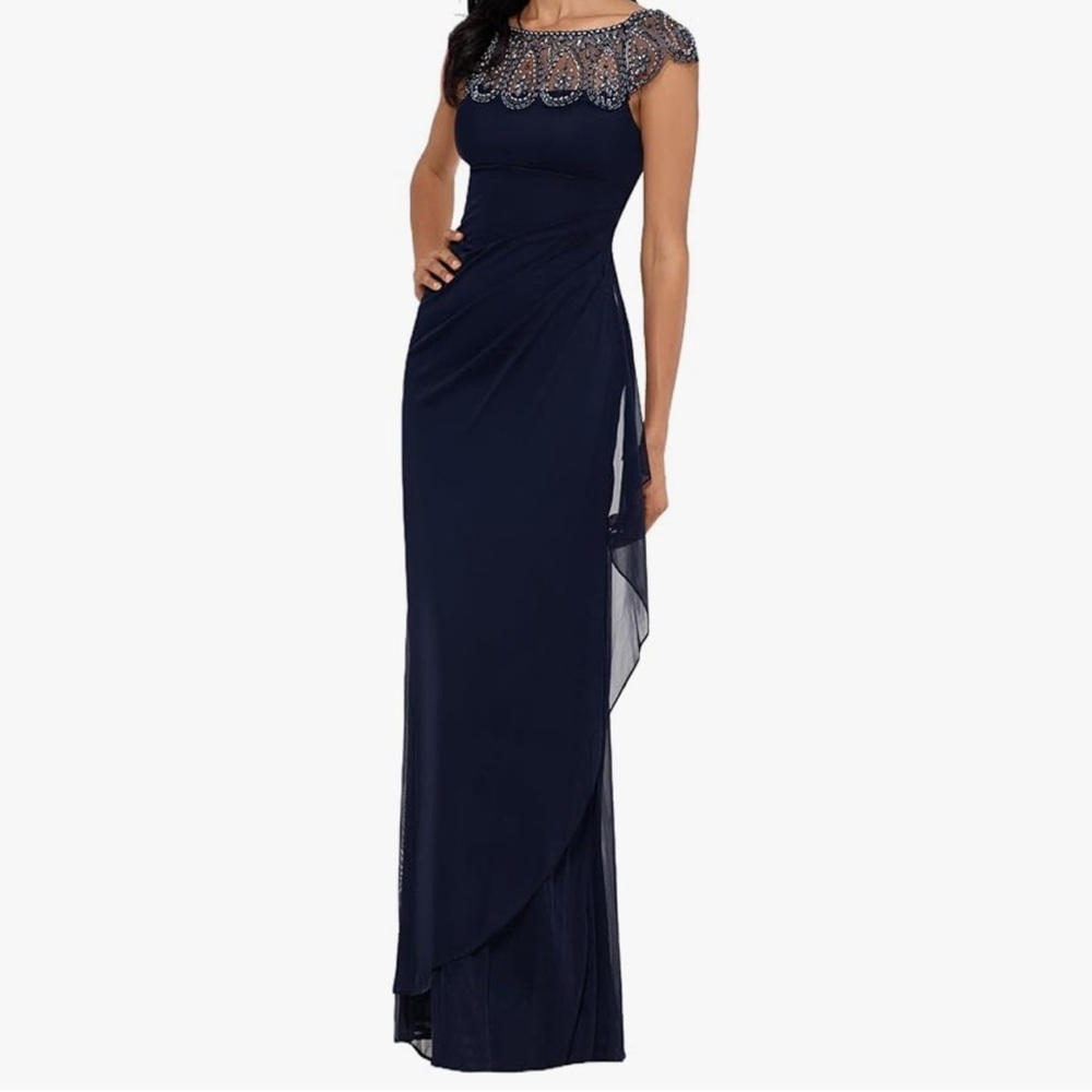 Xscape Navy Party Guest Gown with Beaded neckline